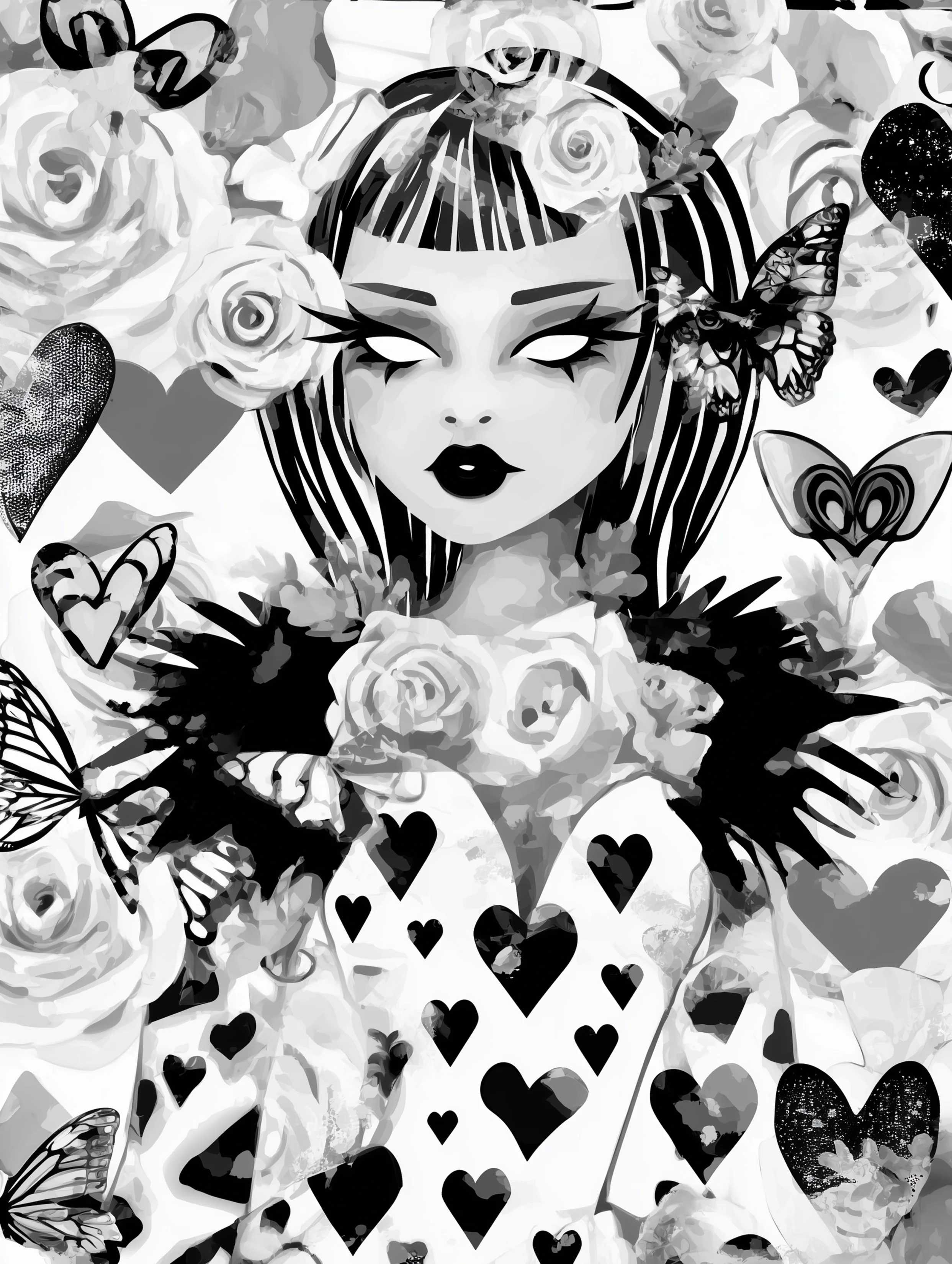 Free printable vampire coloring page for adults featuring a pretty vampire with hearts and flowers